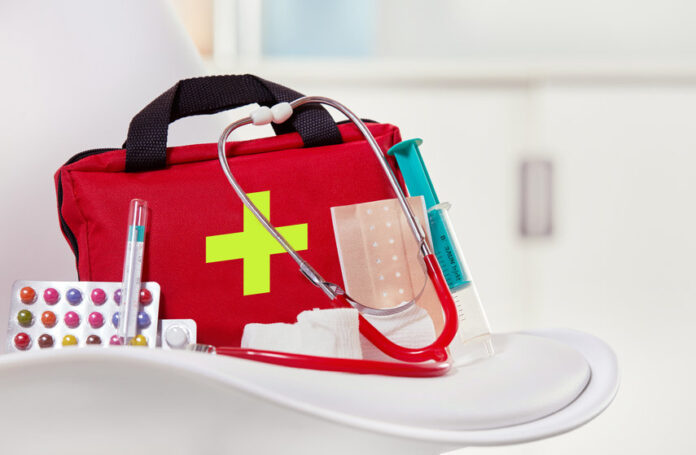 Close-up of a first aid kit in a medical center